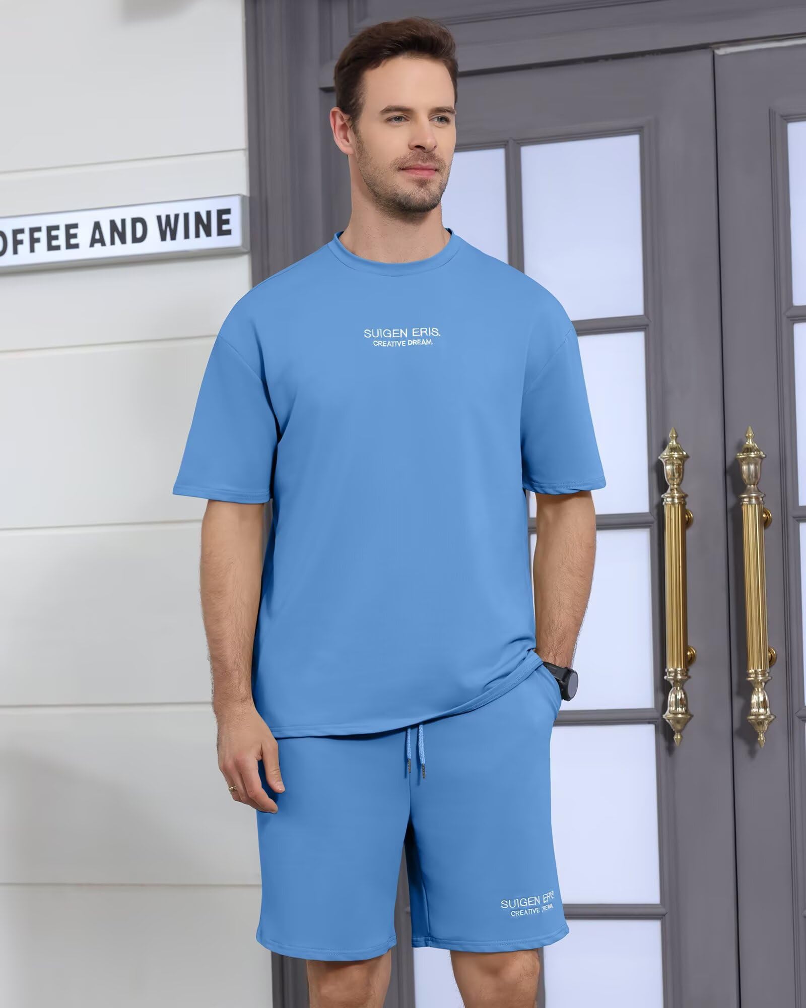 Epoleatries Men's 2 Piece Outfits Letter Drop Shoulder Oversize Tee Shirt Shorts Set Athletic Jogging Summer Tracksuit Light Blue M