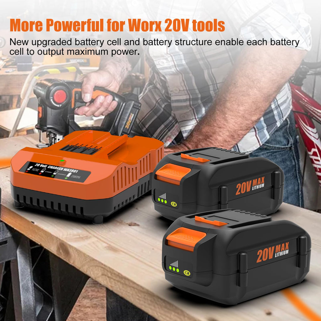 BECDXPal 2 Pack 6.5Ah Replacement for Worx 20V Battery and Charger Compatible with All Worx Battery 20V WA3525 WA3575 WA3520 WG151s WG155s WG545s