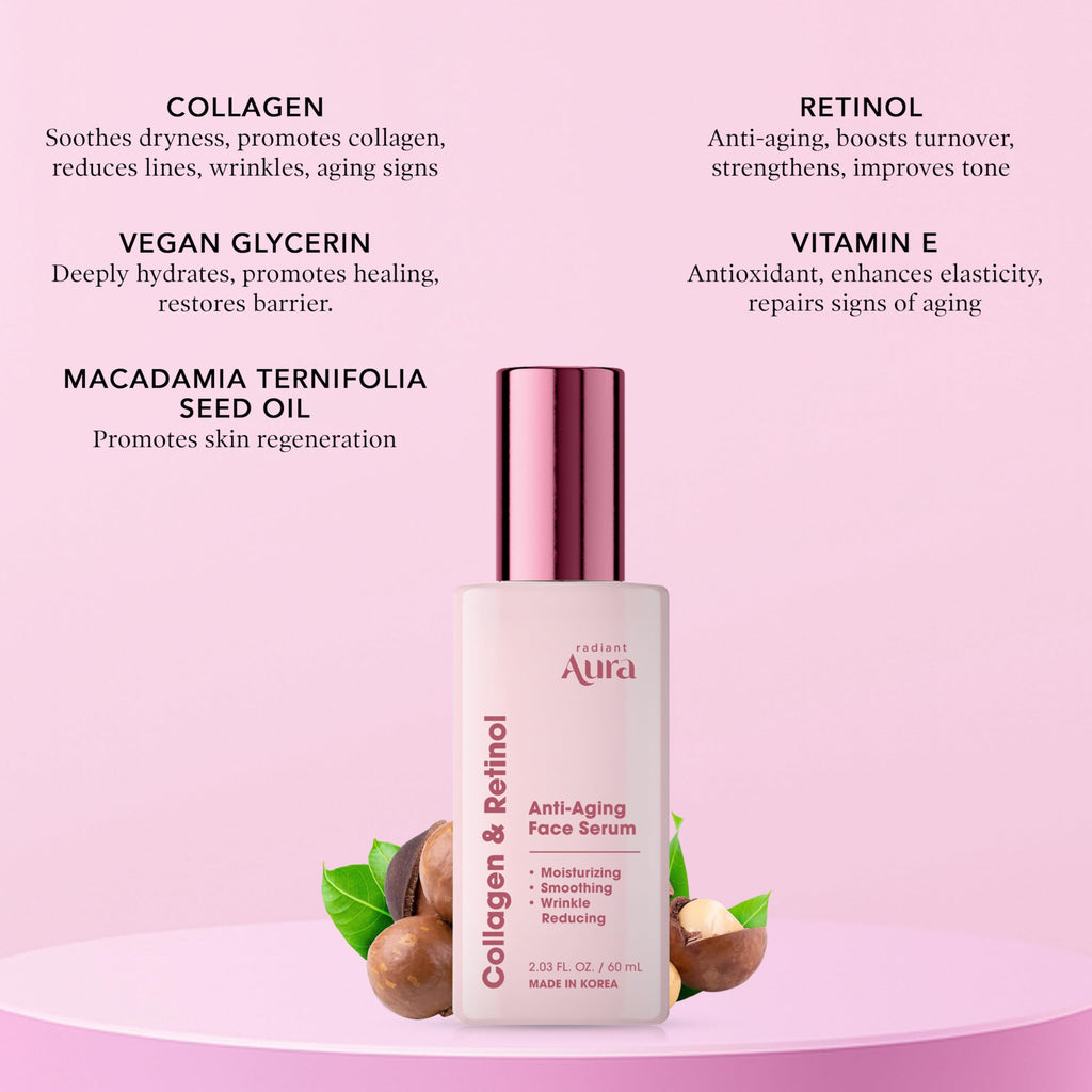 Radiant Aura Collagen & Retinol Serum For Face – Dermatologist Tested, Anti Aging, Korean Skin Care – Firming, Hydrating, Fast-Absorbing, Smoothing – Vegan, Clean Beauty – Pack of 2