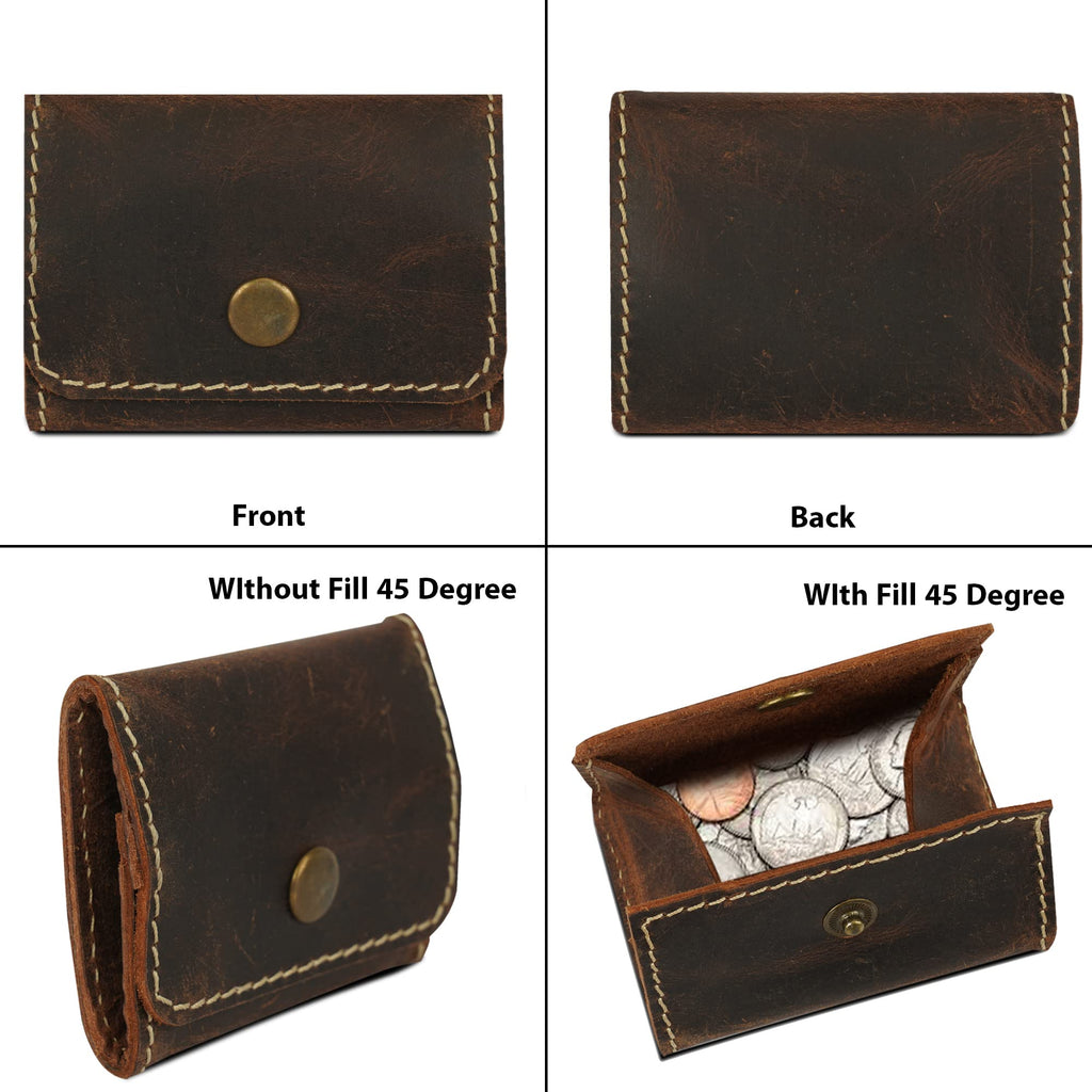 CestAntiQ, Leather Coin Pouch, Change Holder, Mini Pocket Wallet for Men & Women, Vintage Handmade Brown Leather with Antique Button Closure, Natural Threads, Compact Wallet for Coins & Small Items