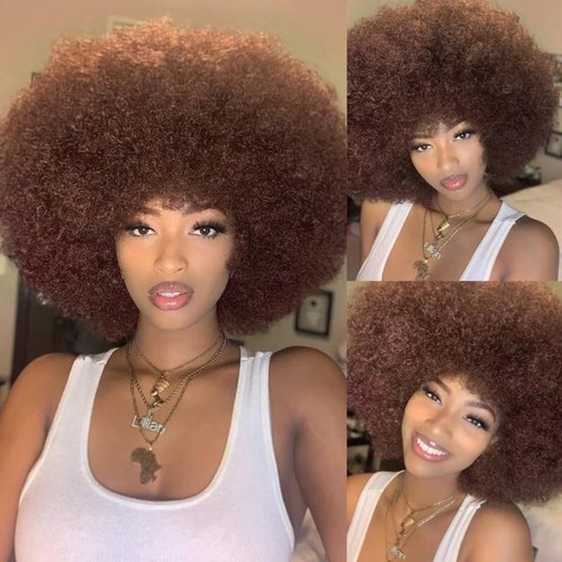 HIHOO Short Afro Wig with Bangs for Black Women Afro Kinky Curly Wig 70s Premium Synthetic Big Afro Wigs(Red Brown)