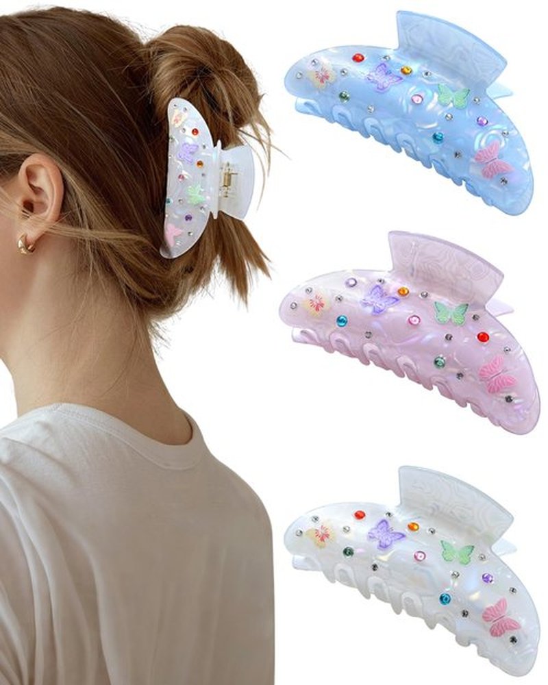 Mesovor 3 Pack Bow Printed Hair Claw Clips, Non-slip 3.74" Medium Hair Grip Clawclips with Colored Zircon | Acrylic Strong Hold Jaw Banana Clips (Blue, Purple, White)
