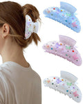 Mesovor 3 Pack Bow Printed Hair Claw Clips, Non-slip 3.74" Medium Hair Grip Clawclips with Colored Zircon | Acrylic Strong Hold Jaw Banana Clips (Blue, Purple, White)