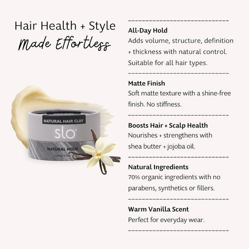 Slo Natural Hair Clay - Vegan & Cruelty-Free Styling Alternative for All Hair Types | Natural Hold, 2.29oz/65g