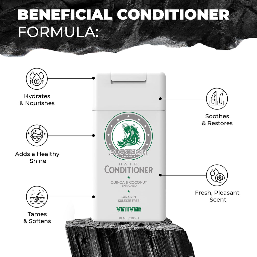 Bossman Moisturizing Hair Conditioner for Men – Stimulates, Hydrates, Soothes Men's Hair and Scalp – Natural Quinoa & Coconut Enriched - Paraben & Sulfate Free (Vetiver X Scent)