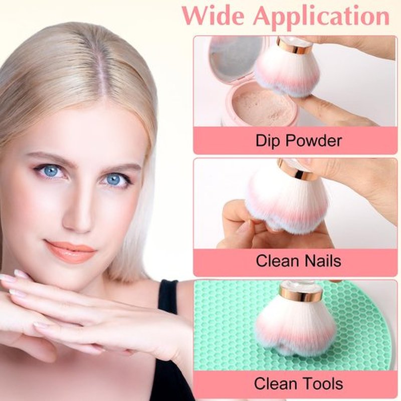 Ptwola 2 Pcs Nail Dust Brush Nail Art Dust Powder Remover Brush Soft Kabuki Cleaner Brush Nail Supplies for Acrylic Application and Makeup (Pink Rose Design)