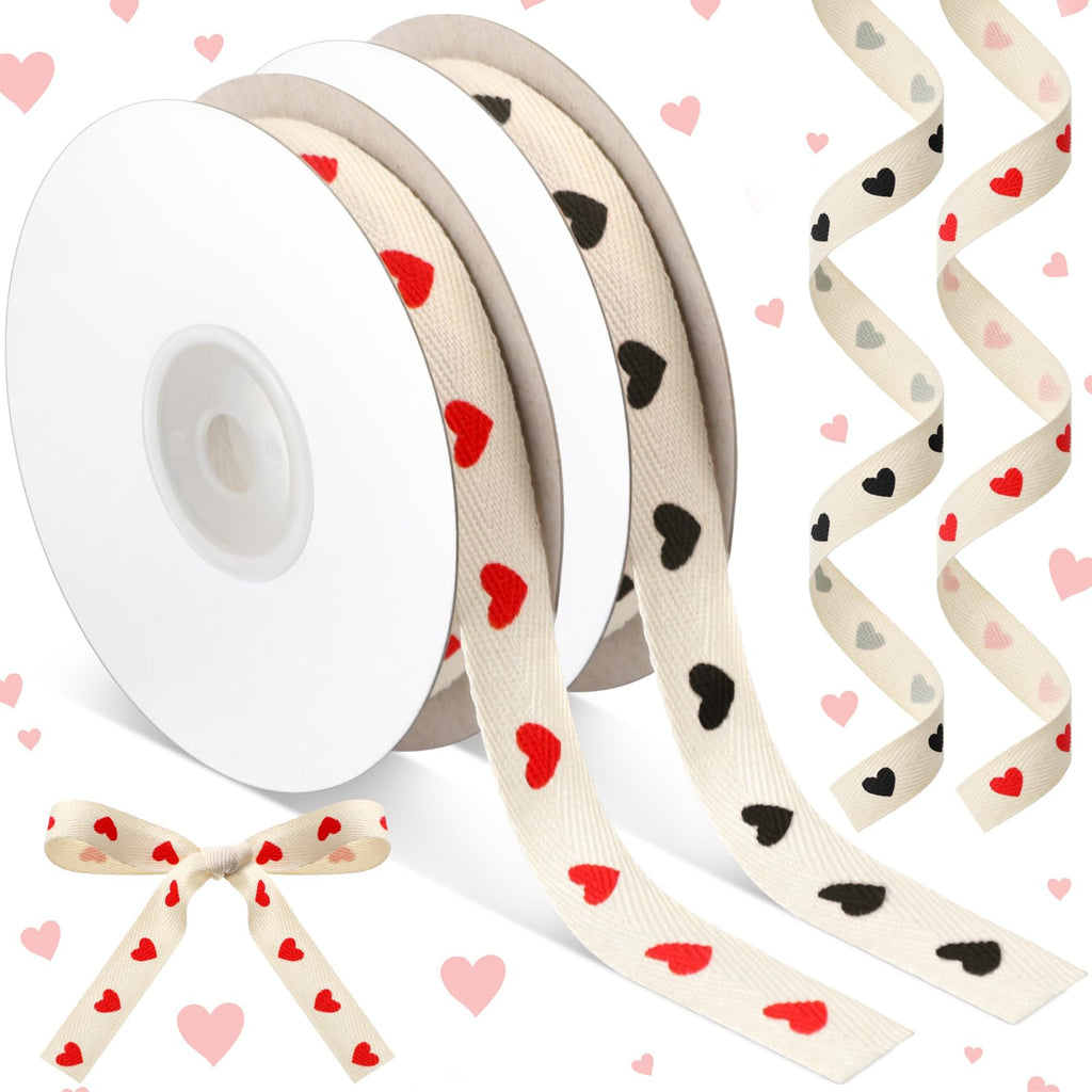 Wavwavw 20 Yards Heart Ribbon, Natural 5/8 Inch 100% Cotton Herringbone Twill Fabric Ribbon Red Valentine's Decorations for Crafts Mothers Day Gifts Wrapping, 2 Rolls