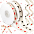 Wavwavw 20 Yards Heart Ribbon, Natural 5/8 Inch 100% Cotton Herringbone Twill Fabric Ribbon Red Valentine's Decorations for Crafts Mothers Day Gifts Wrapping, 2 Rolls