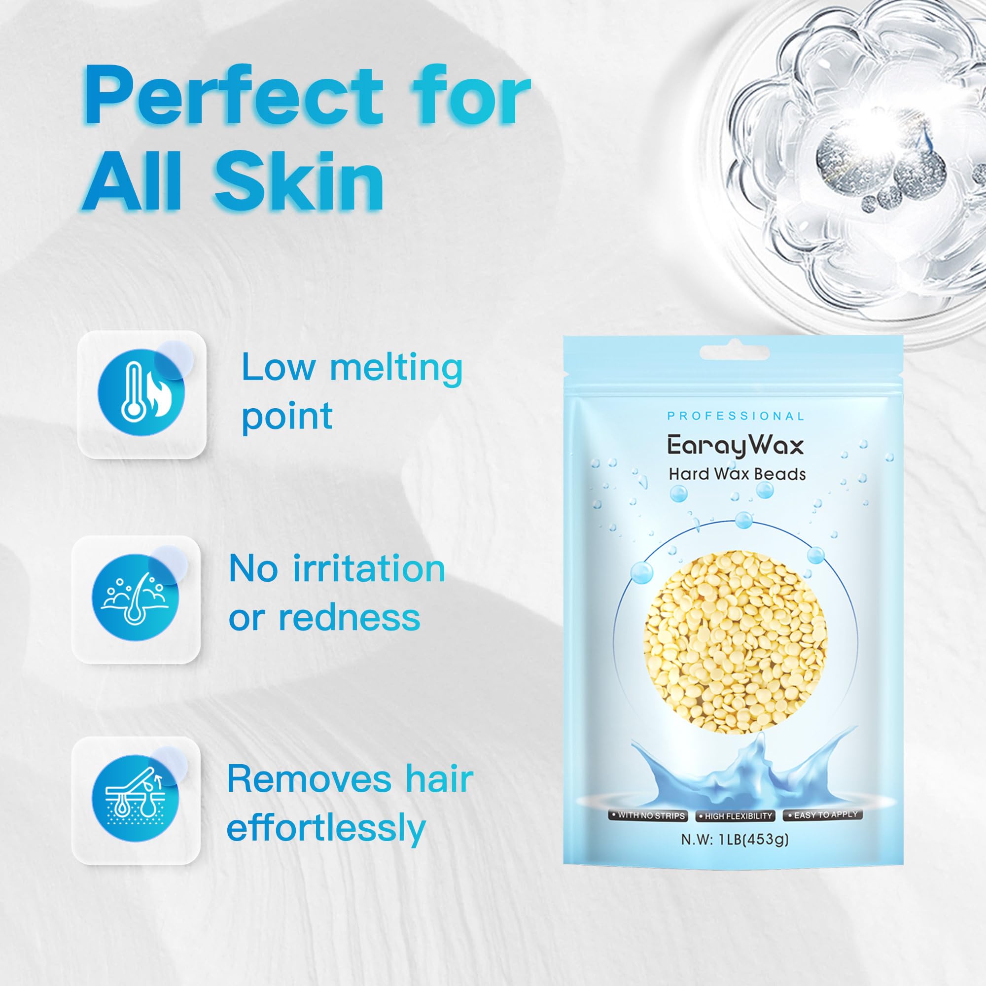 EARAYWAX Hard Wax Beads, 1lb, for Hair Removal, Refill Wax Beans for Sensitive Skin, At-Home Waxing for Women and Men