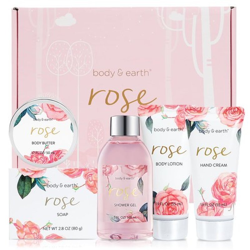 BODY & EARTH Spa Gift Set for Women - Luxurious 5 Pcs Bath and Body Box, Rose Scent, Includes Body Wash, Body Butter, Body Lotion and More, Birthday Mothers Day Gifts for Mom Self Care Kit for Her