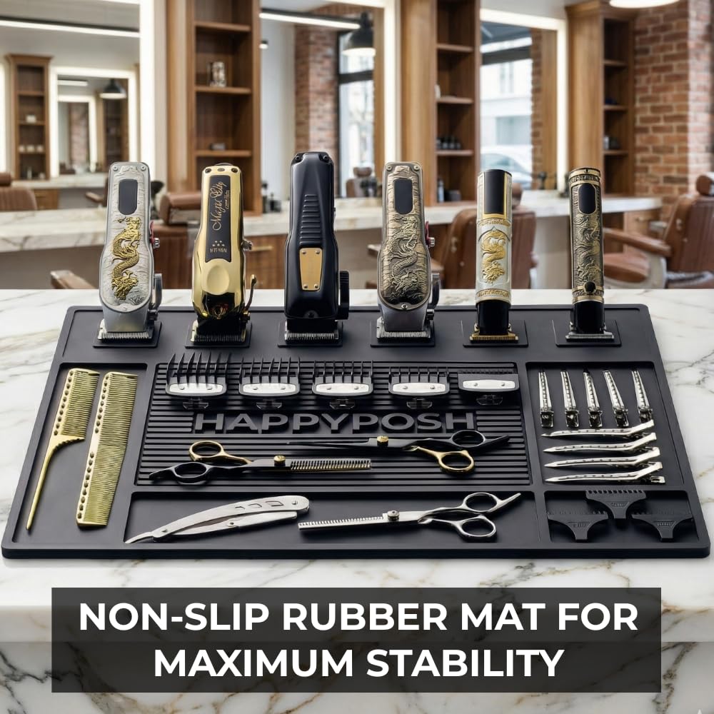HAPPYPOSH Magnetic Barber Mat for Clippers, 20" x 14" Large Barber Station Organizer with 6 Strong Magnets, Non-Slip Heavy-Duty Rubber Mat, Keeps Tools Secure & Organized.Black