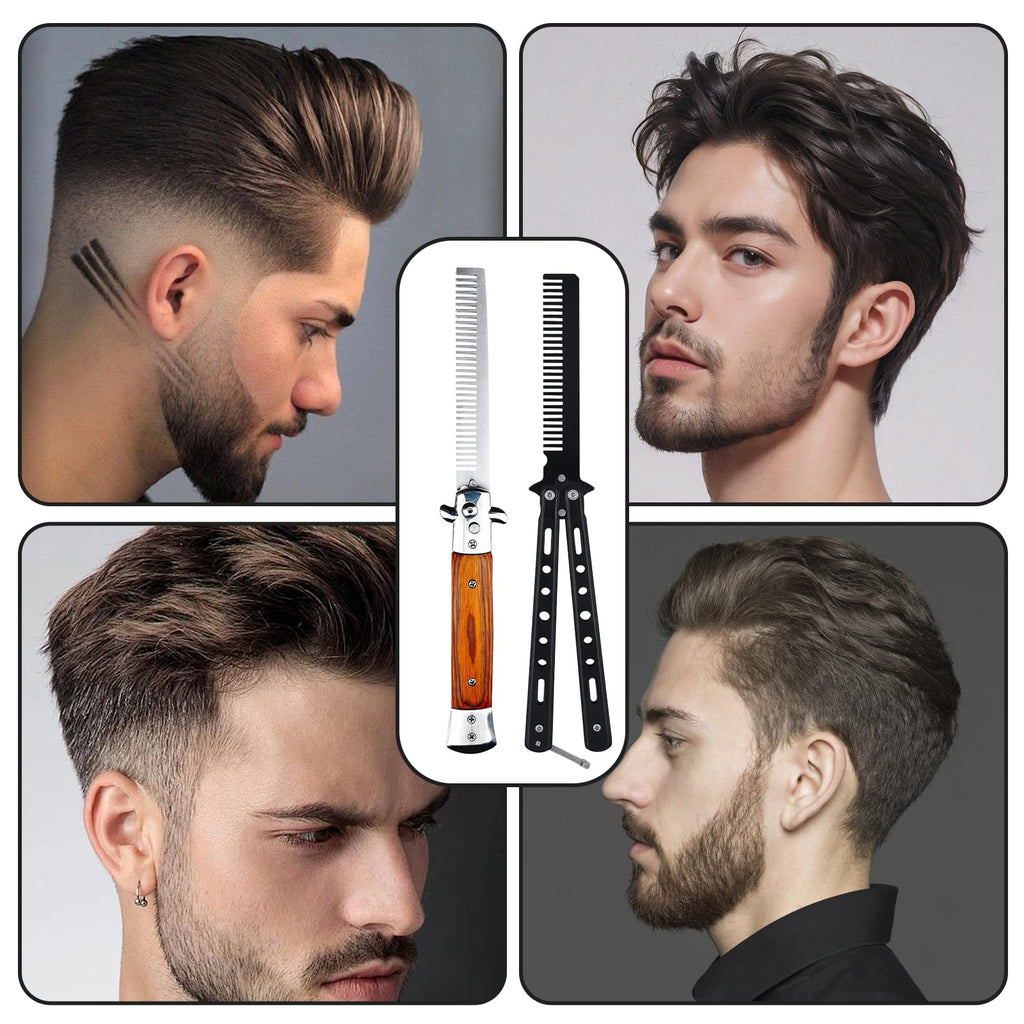 2 Pack Automatic Switch Folding Practice Combs, Stainless Steel Butterfly Comb, Switchblades Comb, Outdoor Training Pocket Combs, Hair Brush for Beard, Mustache, Hair Styling Tools(Black&Brown)
