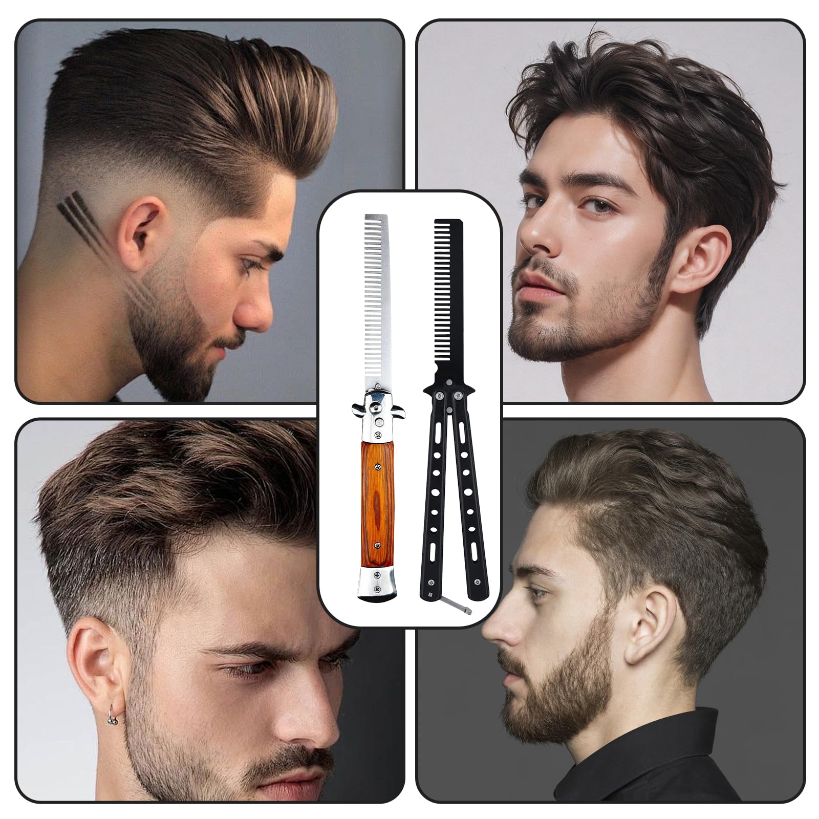 2 Pack Automatic Switch Folding Practice Combs, Stainless Steel Butterfly Comb, Switchblades Comb, Outdoor Training Pocket Combs, Hair Brush for Beard, Mustache, Hair Styling Tools(Black&Brown)