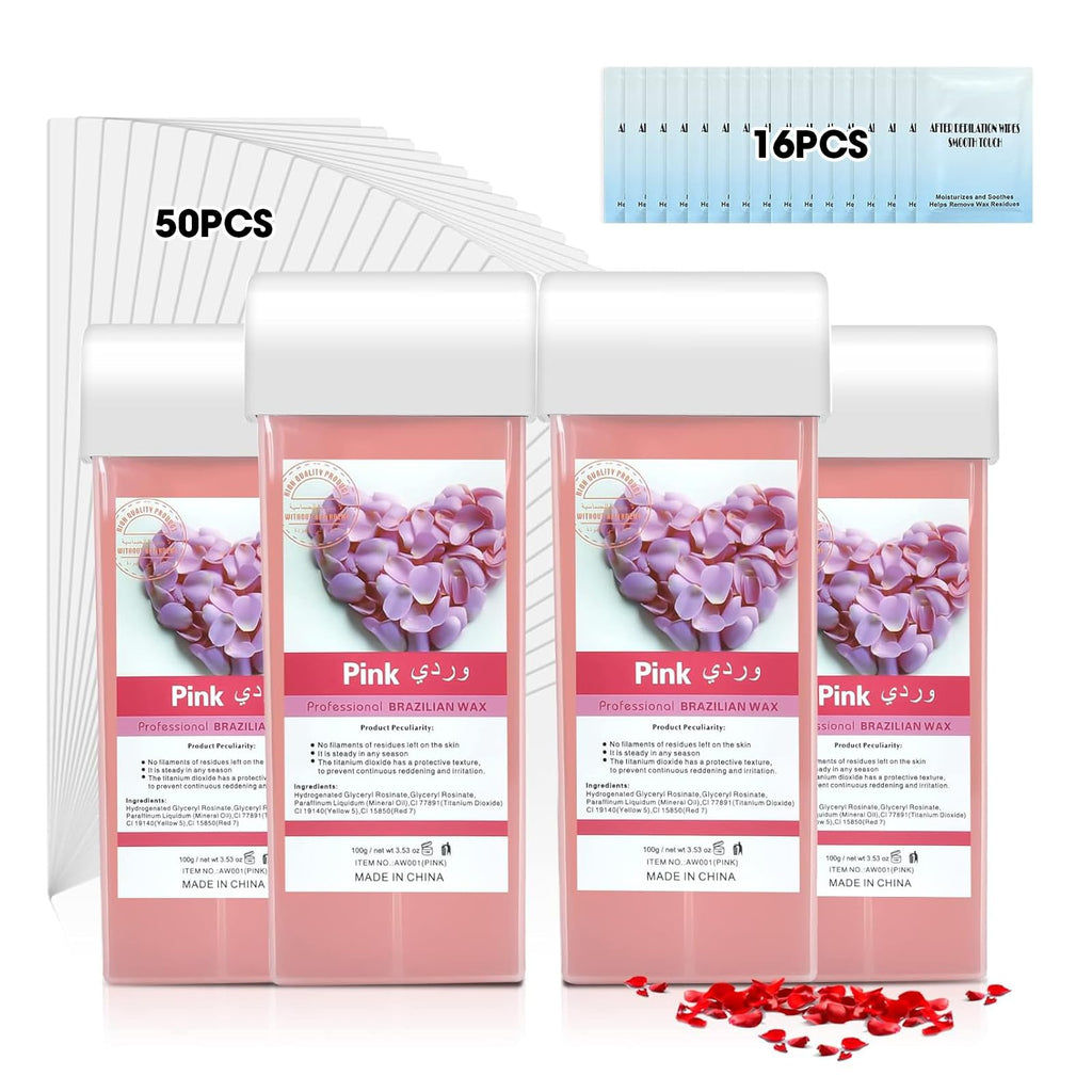 Seopri Roll On Wax, Hair Removal Wax Cartridges with Strips 50Pcs and Wax Wipes 16Pcs, Depilatory Wax Roller Refill 4 Pack, Waxing Kit for Leg, Arm, Underarm