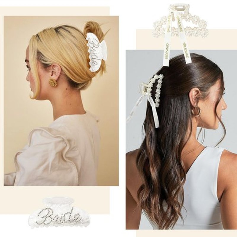 Pearl Bridesmaid Hair Claw Clips 3.7 Inch With Ribbon and 1Pack Acrylic Bride Claw Hair Clip With Rhinestone Bride Logo Set,Bachelorette Bridal Party Favors Present Bridesmaid Proposal Gifts