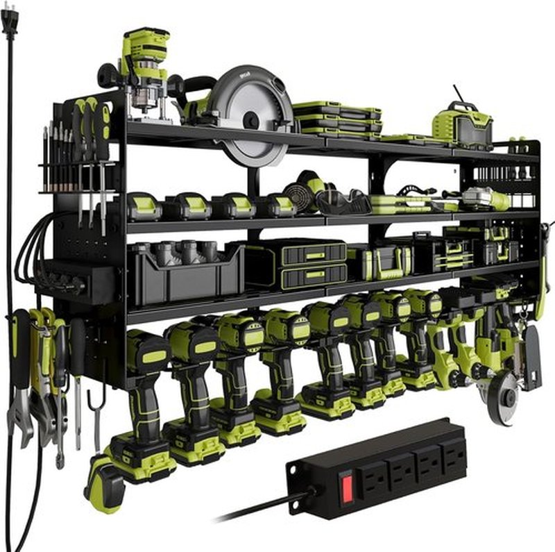 Power Tool Organizer - 12 Cordless Drill Holder with Side Pegboard & Screwdriver Storage | Heavy-Duty Metal Rack