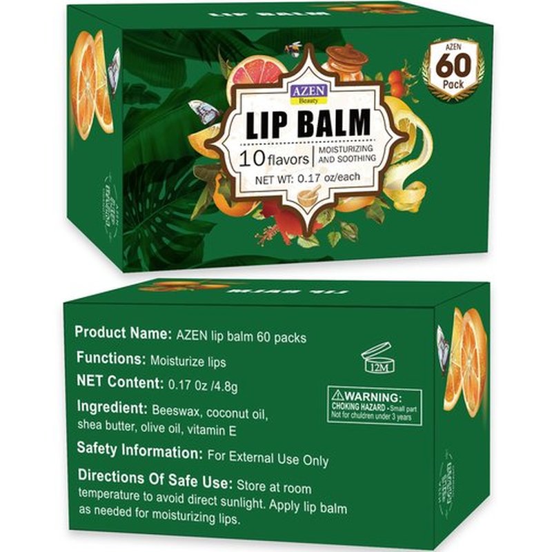 AZEN 60 Pack Lip Balm, Natural Lip Balm Bulk, Lip Care Product, Moisturizing Lip Balms for dry cracked lips, Valentines Gifts Easter Basket Stuffers - 10 Flavors