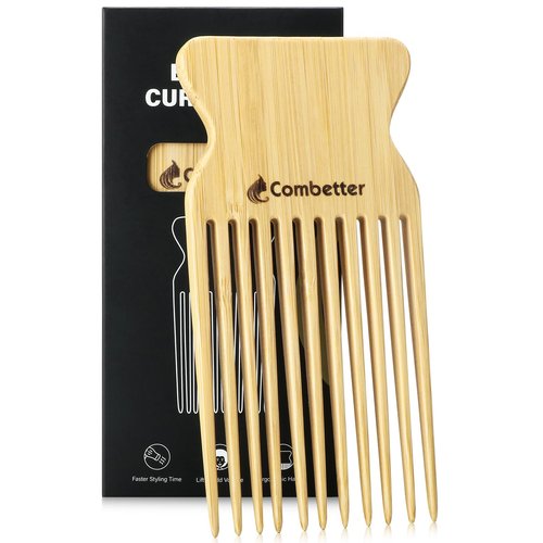 Combeter Bamboo Hair Pick Comb for Thick Curly Hair & Beard – Eco-Friendly Anti Static Afro Pick Wooden Comb for Detangling & Styling for Men, Women & Kids
