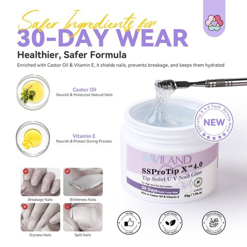 SAVILAND Solid Nail Glue Gel 55g: 30-Days Long Last Gel Nail Glue for Soft X Nail Gel Tips Clear Extra-Strong Hold for Nail Tips UV Cured Home DIY Manicure