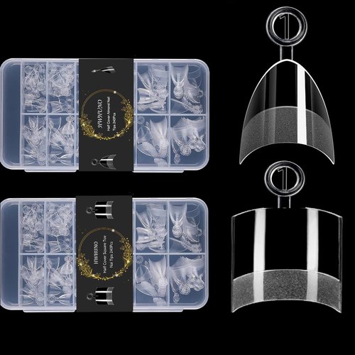 HWHUNO Square Toe Nail Tips&XS Almond Acrylic Nails Tips Short Half Cover Soft Gel Pre-shape, Toenails Extensions Clear Fake Toenail Tips,480Pcs 12Size 2 Box