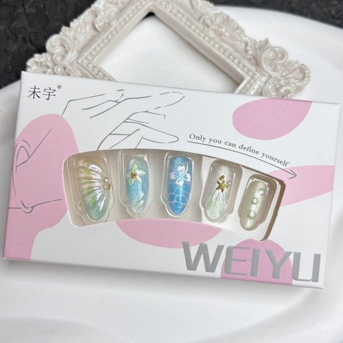 NSSHEL 30 Pcs Medium Almond Art Deco Press-On False Nails with Flower & Droplet Designs Summer Starfish Full Cover French Tip Gradient Acrylic Nails Glue-On Nails for Women
