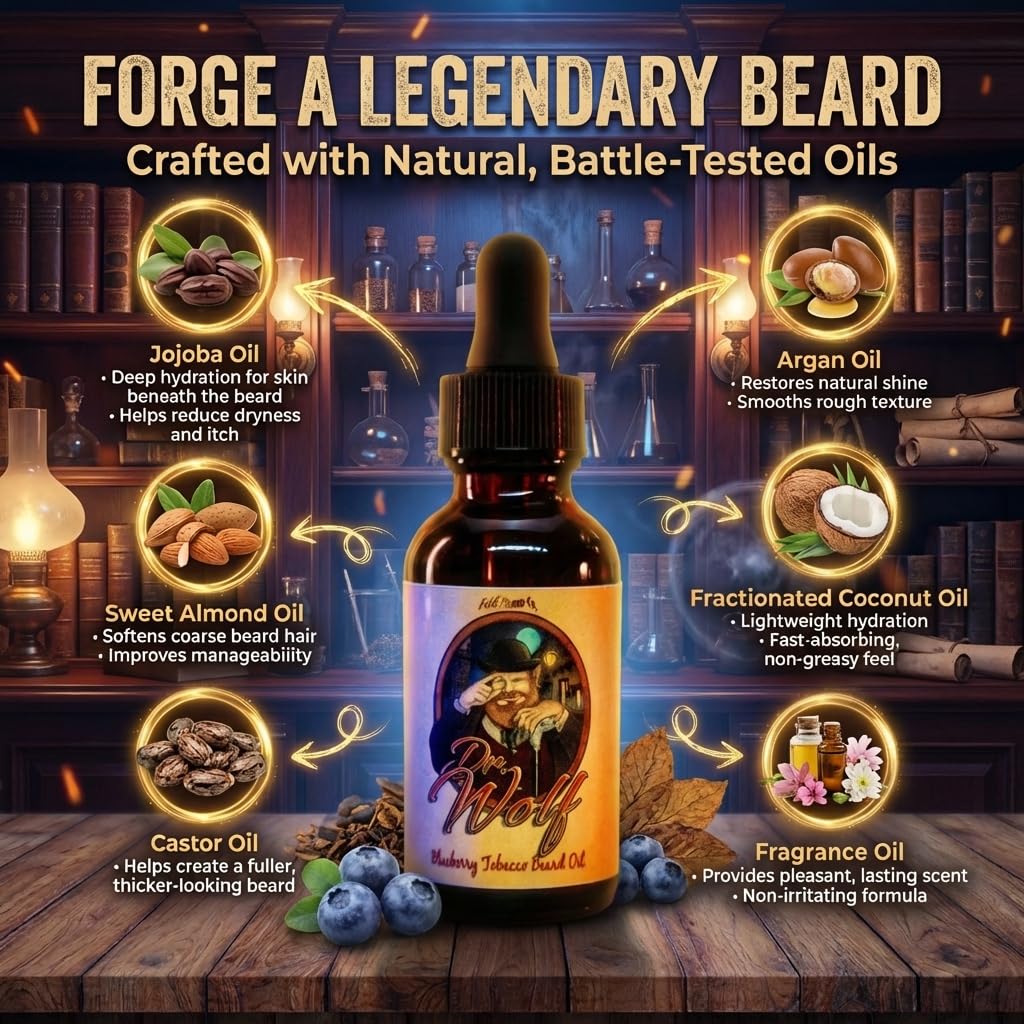 Fable Beard Co. Beard Oil - Dr. Wolf, Fresh Blueberries, Warm Tobacco, & Aged Mahogany, Natural Beard Oil for Men with Jojoba & Argan Oils, Vitamin E, Beard Hair Softener, Made in USA (1 Fl Oz)
