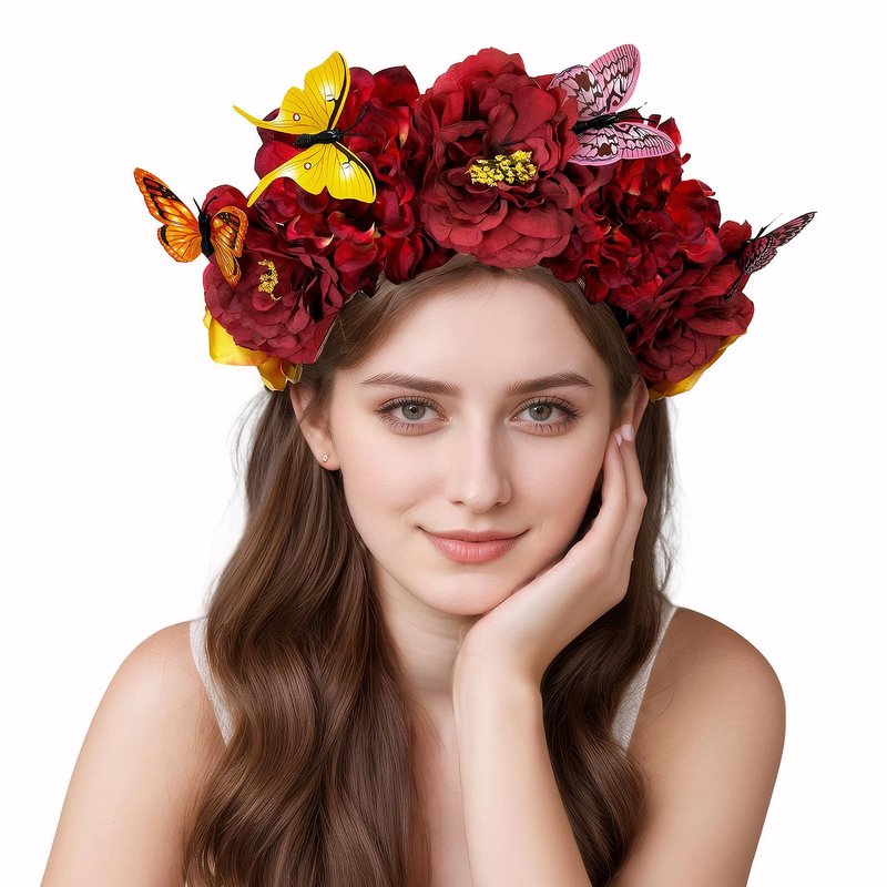 Yheahin Mexican Rose Flower Crown Headband for Women Butterfly Floral Headpiece Day of The Dead Headband Cosplay Party Costume Flower Hair Accessories (Butterfly 2- red, Elastic)