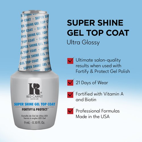 RC Red Carpet Manicure F&P Super Shine Top Coat – High-Gloss Gel Top Coat with Vitamin A & Biotin for Long-Lasting Shine & Durability – Quick Dry, Perfect for Professional & At-Home Use, 0.3 Ounce.