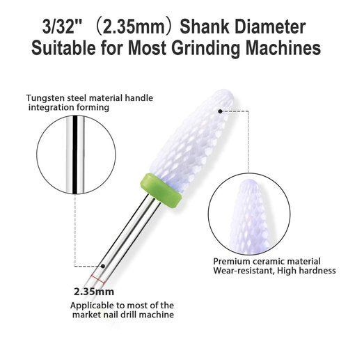 5 Size Professional Large Barrel Top Ceramic Nail Drill Bits Set with Holder for Electric Nail File Manicure Pedicure Acrylic Gel Polishing, 3/32'' (2.35mm)