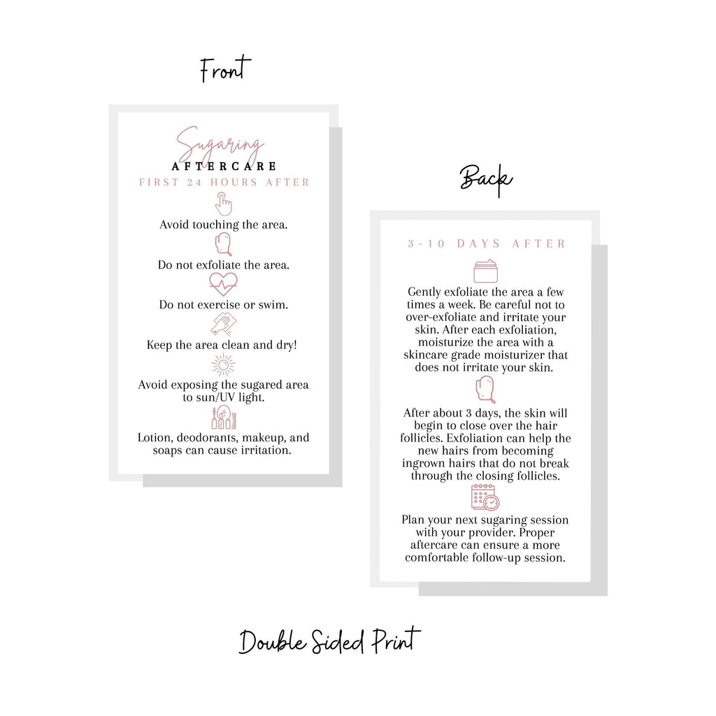 Sugaring Hair Removal Aftercare Cards | 50 Pack | 2x3.5” in Business Card | Sugaring Hair Removal Supplies | Waxing Supplies | White Card Design