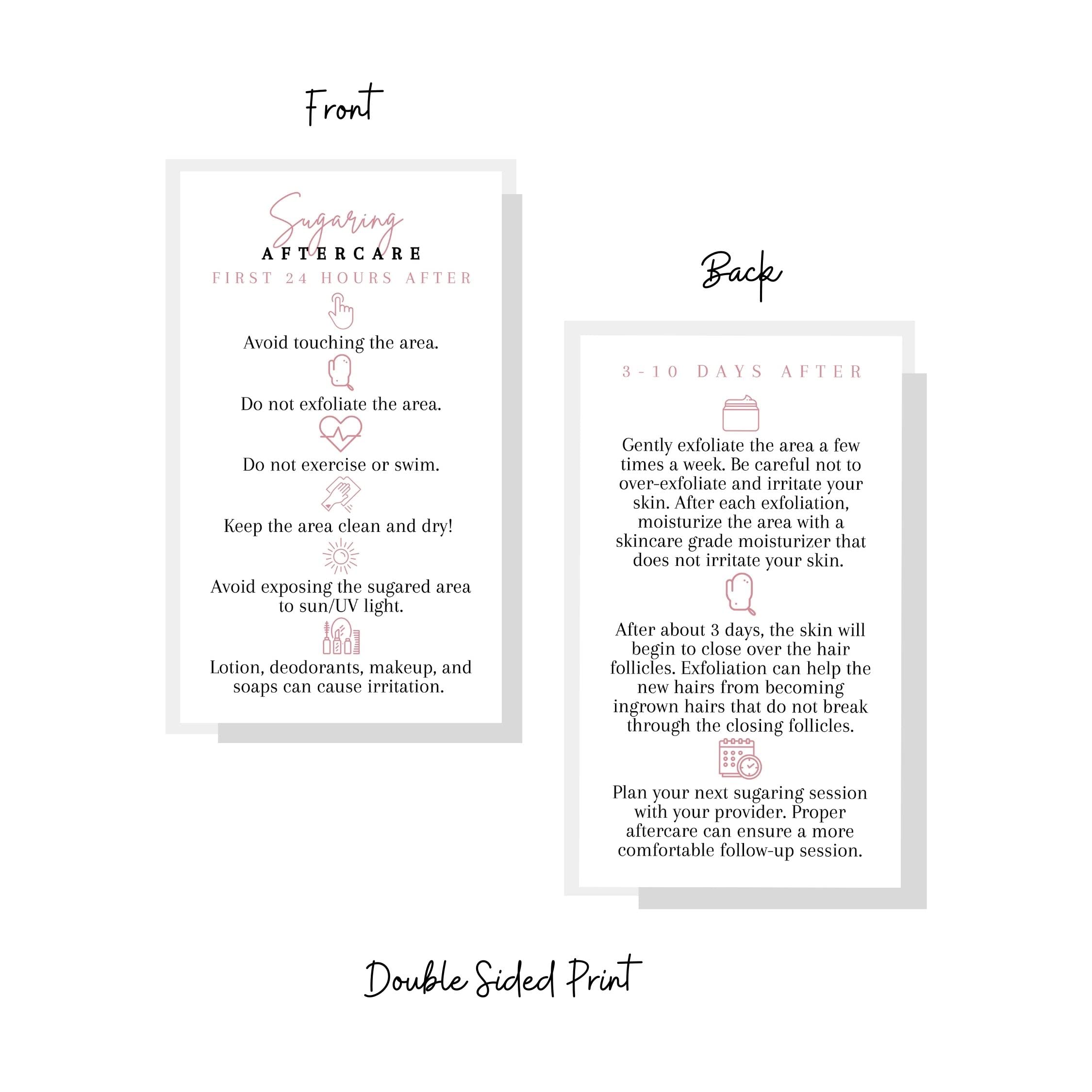Sugaring Hair Removal Aftercare Cards | 50 Pack | 2x3.5” in Business Card | Sugaring Hair Removal Supplies | Waxing Supplies | White Card Design