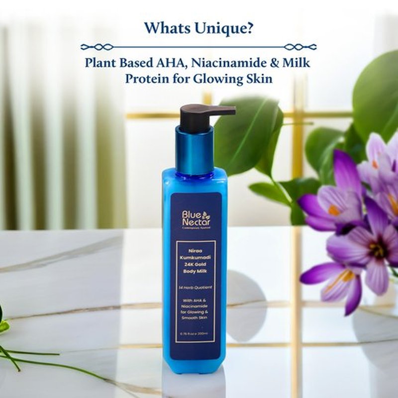 Blue Nectar Gold and Saffron Body Milk for Women & Men | Body Lotion with Plant Based AHA & Niacinamide | Moisturizer for Body | All Skin Types (14 Herbs, 3.38 Fl Oz)