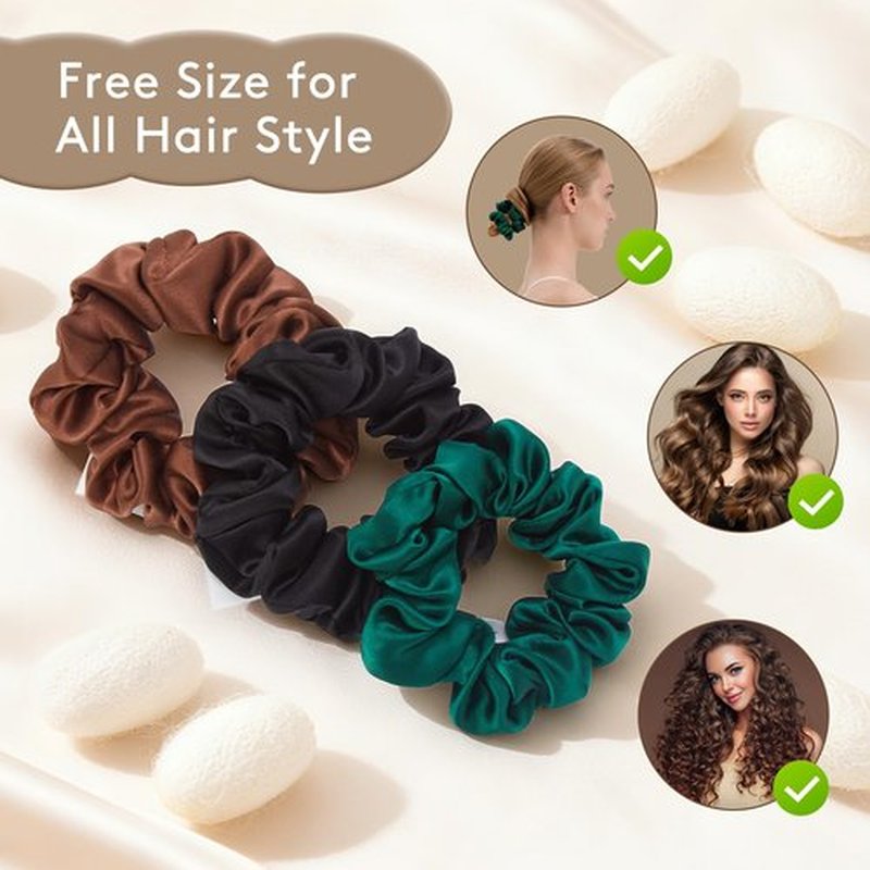 SOO DΞSIVI 3 Pcs Silk Hair Ties, 22 Momme 100% Mulberry Hair Band, Silk Scrunchies for Women and Girls, 6A Grade No Damage Ponytail Holders (1.2in Width, Black Brown Dark Green)