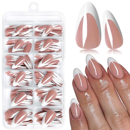 240pc Almond Press on Nails Medium Fake Nails, French Tips Nails Press on Nail Almond Glue on Nails Coffee Acrylic-Nail Medium Press-on French False Nail Artificial Fingernail with Glue Tab