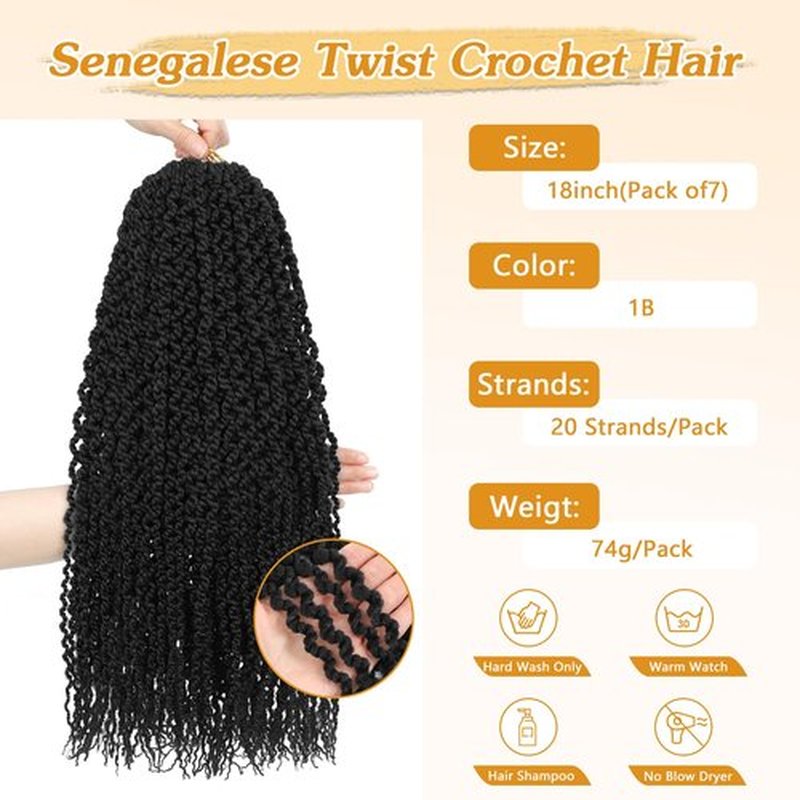 18Inch Curly Senegalese Twist Crochet Hair For Black Women - 7 Packs, 20 Strands/Pack Small Twist Crochet Braids Hair with Straight Ends, Synthetic Crochet Braids(1B,18 Inch)