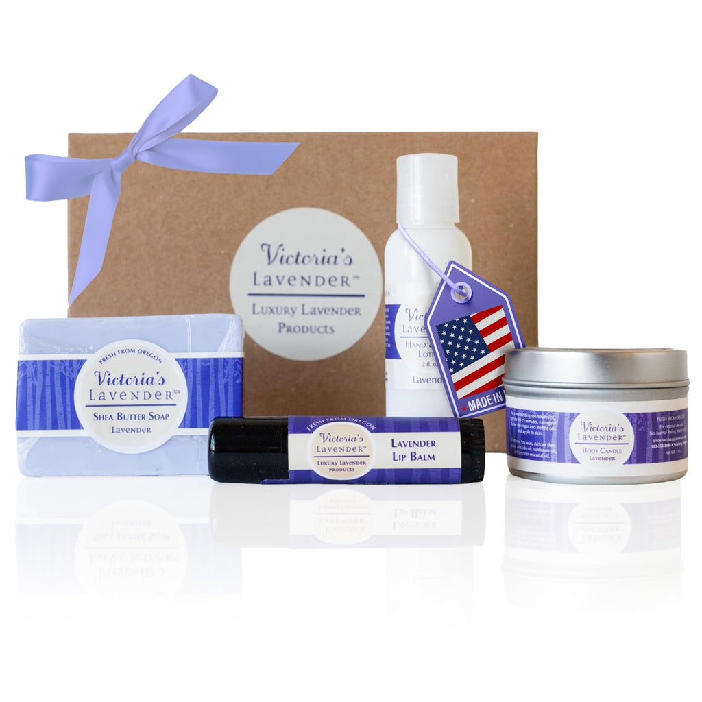 Victoria's Lavender Natural Body Products Gift Set - Handmade Soap, Hand & Body Lotion, Lip Balm, Body Candle Skin Care Sets & Kits, Lavender Infused Bath and Body Products for Women, Made in the USA