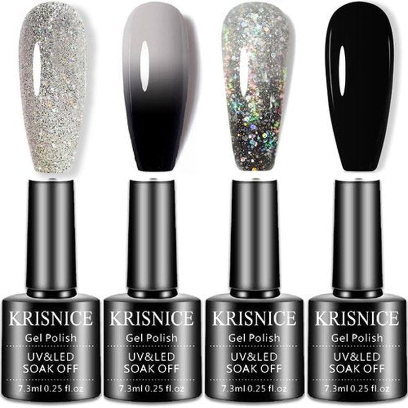 KRISNICE Color Changing Gel Nail Polish Gift Set Black And White Glitter Mood Chameleon Soak Off UV LED Thermal Temperature Art Manicure Kit Varnish(Black White-CS001)