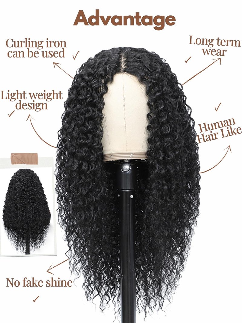 YKHJH 26 Inch Synthetic Lace Front Wig Black Curly Synthetic Wig Protein Fiber Like Human Hair, Glueless Water Wave Hair (Black)