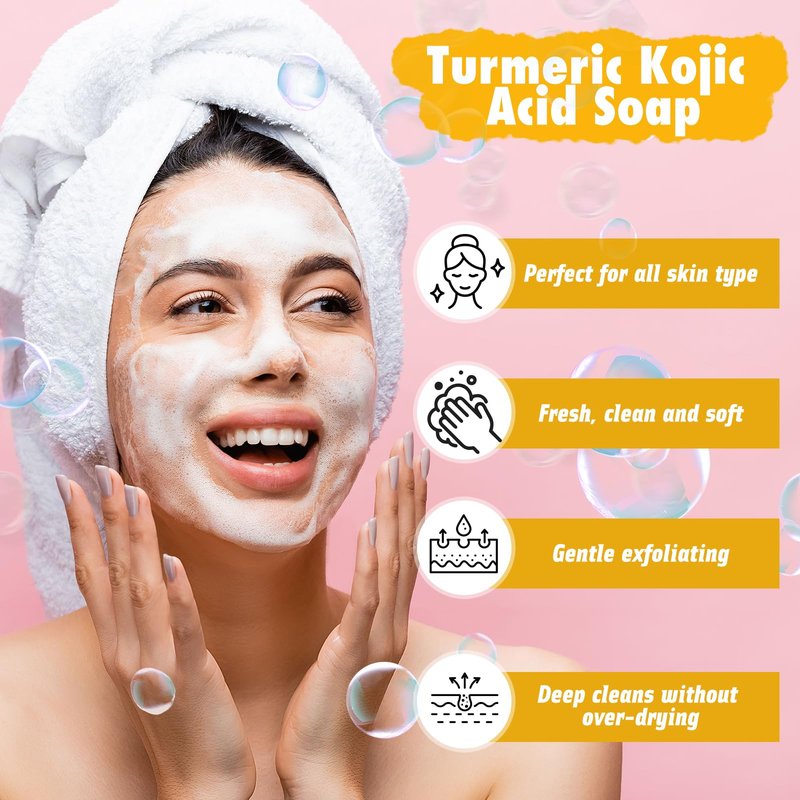 Urrznp Lemon Turmeric Kojic Acid Soap Bar, Turmeric Soap Bar with Vitamin E for Dry Sensitive Skin, Lemon Soap for Face, Body Hands 2 Bars