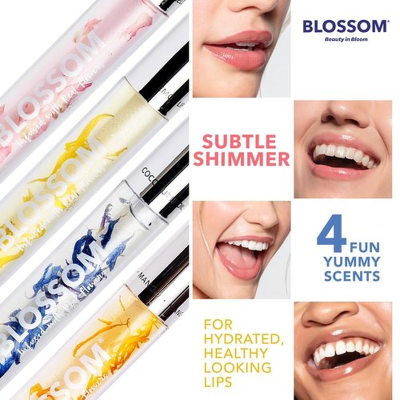 Blossom Lip Gloss & Lip Oil with Olive Oil + Grape Seed Oil, Moisturizing and Hydrating Shimmer Sparkle, Infused with Real Flowers, 3g, Coconut