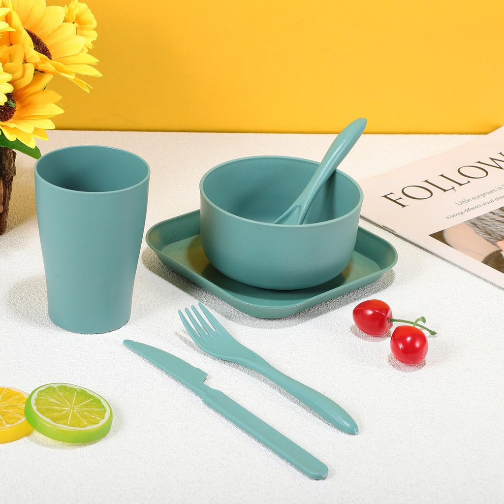 NOLITOY Wheat Straw Dinnerware Set 6 Pcs Plates and Bowls Sets - Microwave Dishwasher Safe Plates Compact Small Unbreakable Dinnerware for Camping, Outdoor Picnic, BPA Free, Blue