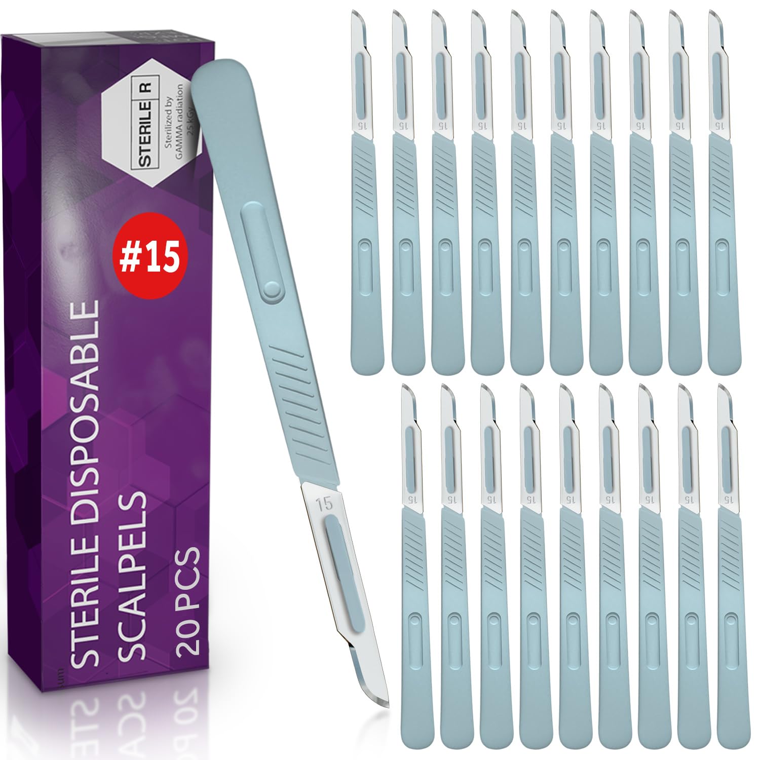 MyMed Disposable #15 Scalpel Blades, Sterile Pack of 20 Dermaplaning Blades with Plastic Scalpel Handle, Scalpel for School Science, High Carbon Steel Dermablade
