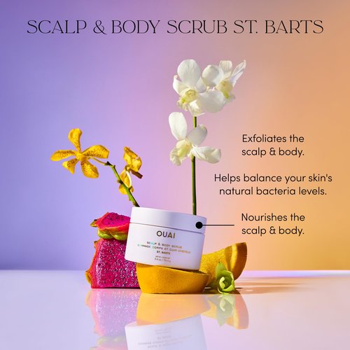 OUAI Scalp & Body Scrub, St. Barts Travel Size - Exfoliating Body Scrub with Sugar & Coconut Oil Blend for Smooth, Moisturized Skin - Gentle Scalp Exfoliator for Removing Product Build Up (3.4 oz)