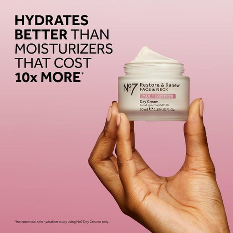 No7 Restore & Renew Multi-Action Face & Neck Cream - Anti-Aging Moisturizer with SPF 30 - Hydrates & Firms Crepey Skin - Enriched with Hyaluronic Acid, Peptides & Ceramides (1.69 Oz)