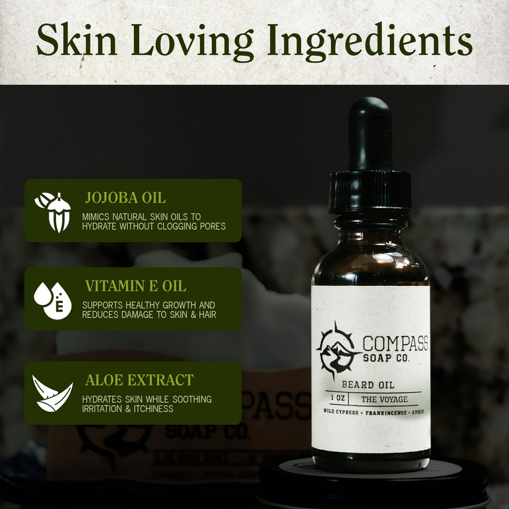 Compass Soap's The Voyage - Natural Beard Oil for Men | Beard Oil for Nourishment and Hydration | Infused with Bergamot, Sandalwood & Musk | Best Beard Growth Oil for Men | 1 fl. oz.