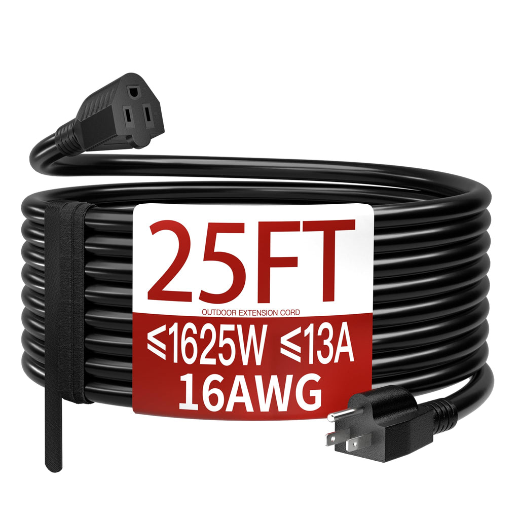 Skrizcable 16/3 25 FT Outdoor Extension Cord Waterproof, Black Power Cord