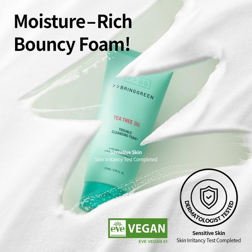 BRING GREEN Tea Tree Cica Trouble Cleansing Foam - Gentle Exfoliating Cleanser for Sensitive Skin (10.1 Fl. Oz., 300ml)