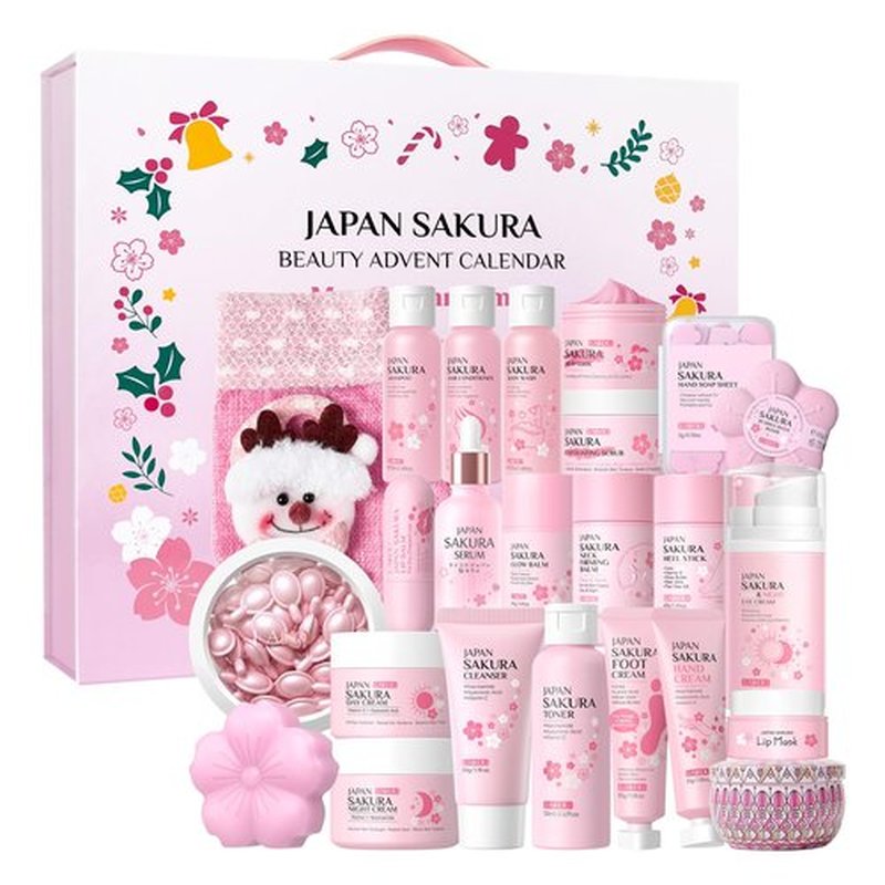 LAIKOU Japan Sakura Beauty Advent Calendar 2025, Christmas Gifts for Women, Skin Care Set, Bath Body Gift Set, New Year Skincare Beauty Gift Baskets, 24pcs Surprise Gift Box for Women and Girls
