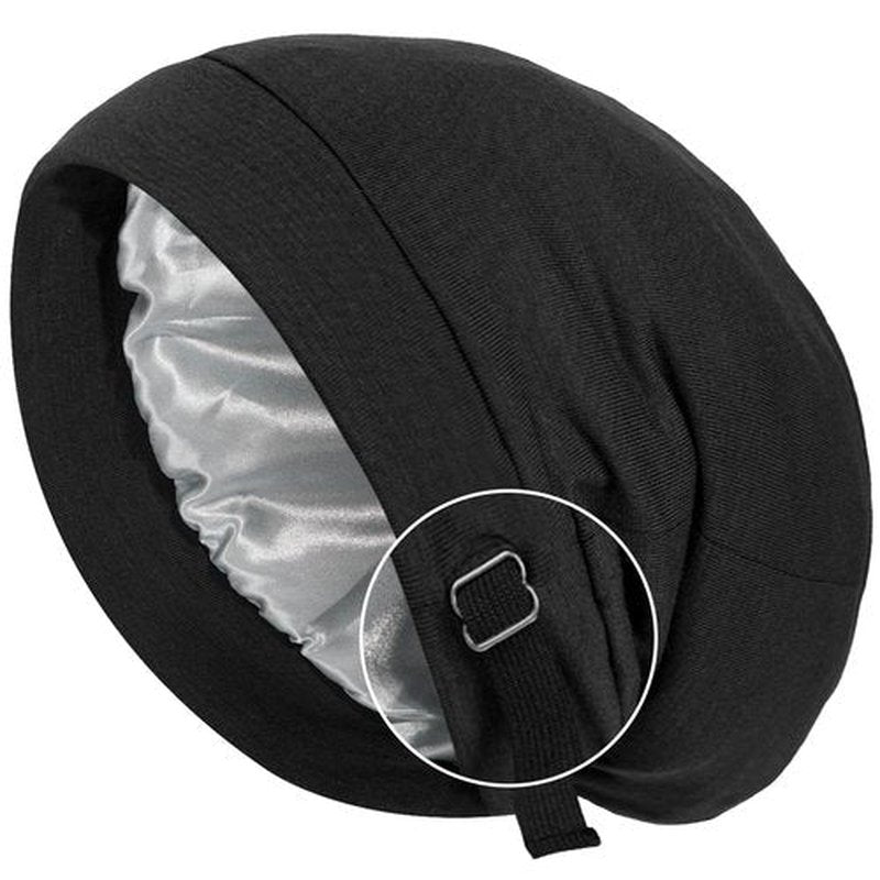 Adjustable Stay on All Night Satin Lined Sleep Bonnet, Slouchy Slap Cap for Women Men, Non-Slip Silk Feel Beanie for Curly, 4C & 3C Natural Hair Protection, Black