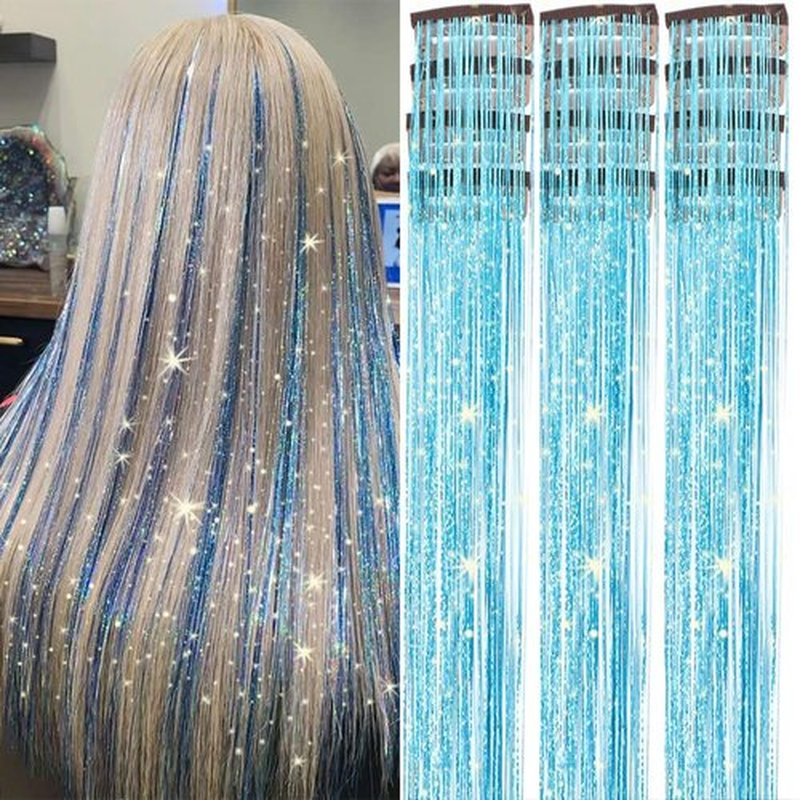 Hair Tinsel Clip in12 Pcs Blue Hair Tinsel Kit for Girls 22 Inch Glitter Fairy Tinsel Hair Extensions Colorful Heat Resistant Party Festival Accessories for Women (Blue)